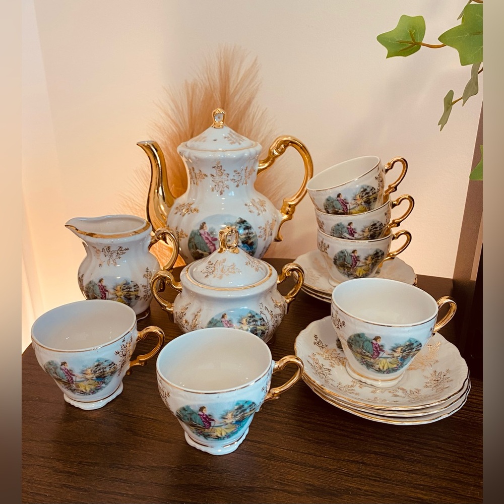 Vintage-Style White and Gold Porcelain Tea Set - 12-Piece
